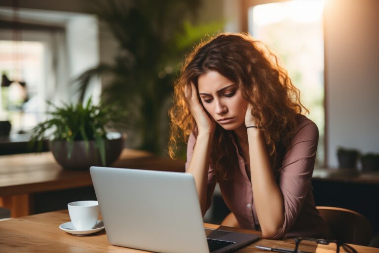 Young woman feeling migraine head strain. Tired, Overworked businesswoman financier while working on laptop computer in office